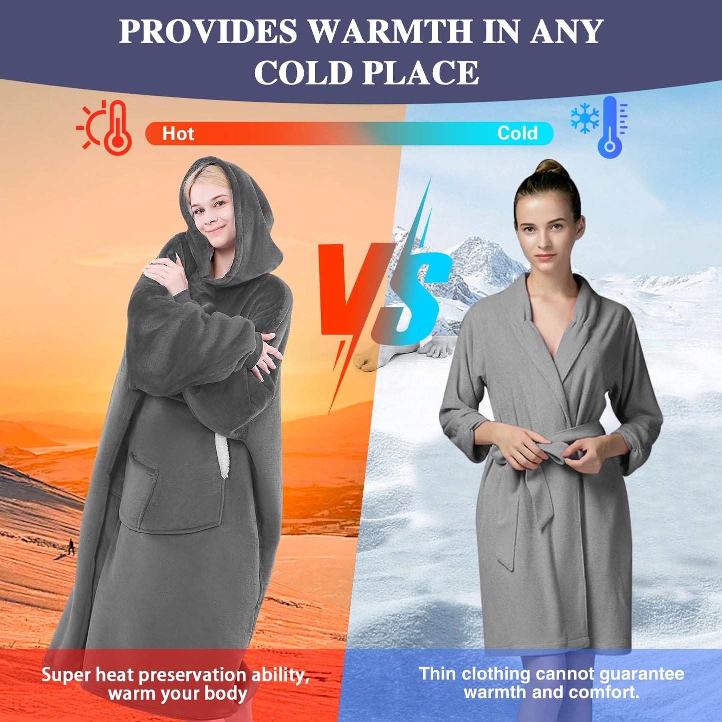 NORD ECO Wearable Blanket Hoodie-Birthday Christmas Gifts for Women Mom Girlfriend - Oversized, Hooded Sweatshirt Blanket with Pockets & Sleeves, Extra-Long Outdoors Use(Dark Grey)
