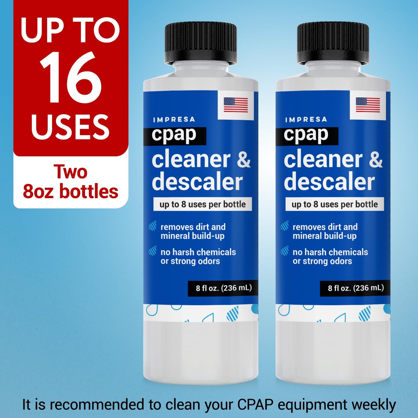 IMPRESA CPAP Cleaning Solution - 2-Pack, 8 Fl Oz Bottles - Residue-Free Citric Acid Descaler - Safe Plastic Component & Sleep System Cleaner - Travel-Friendly Pack