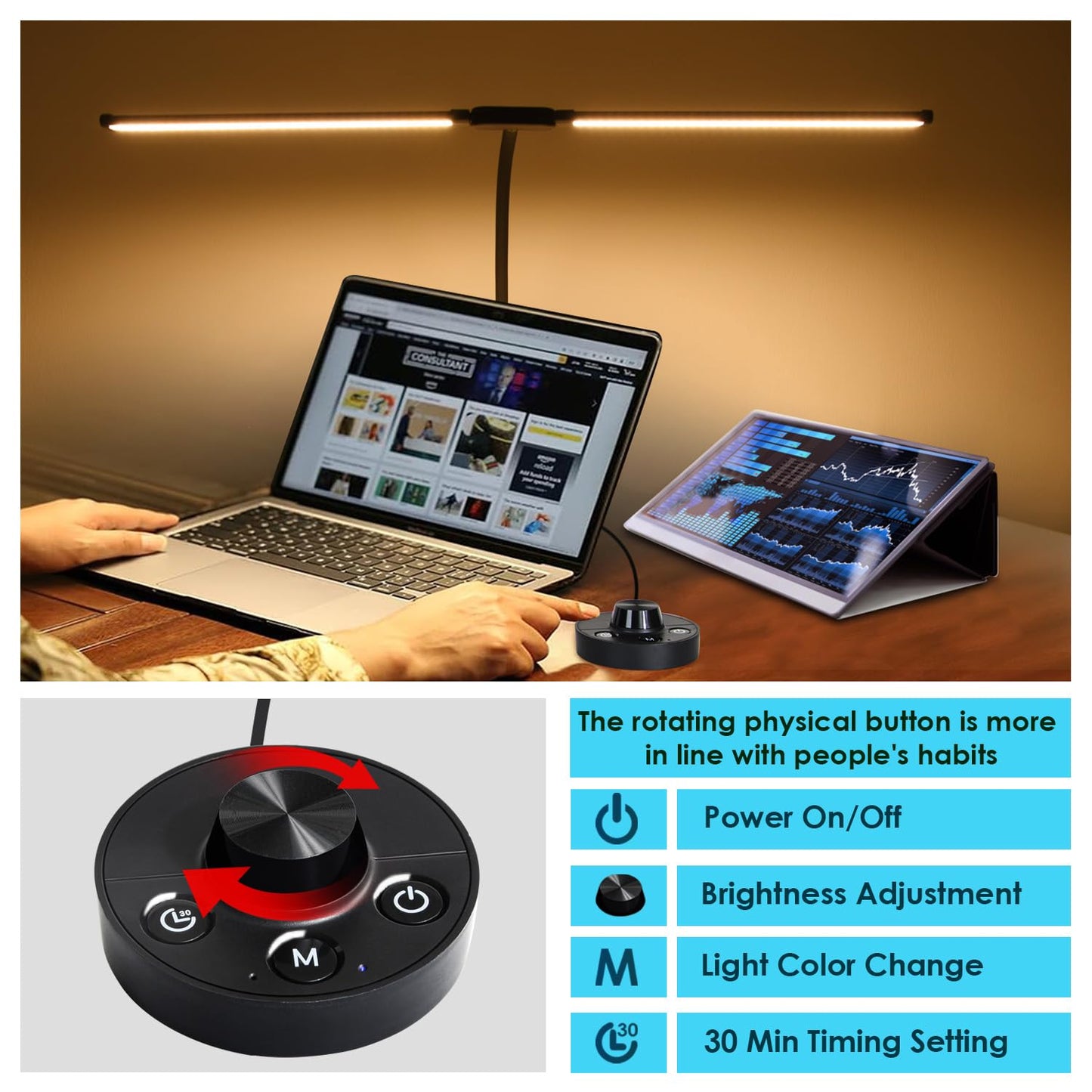 CeSunlight LED Desk Lamp with Two Heads, Clamp On Desk Lamps, 24W, 4000 LMS, CRI>90, 5 Color Modes (2600K-6500K), 10 Brightness Levels, Adapter Included