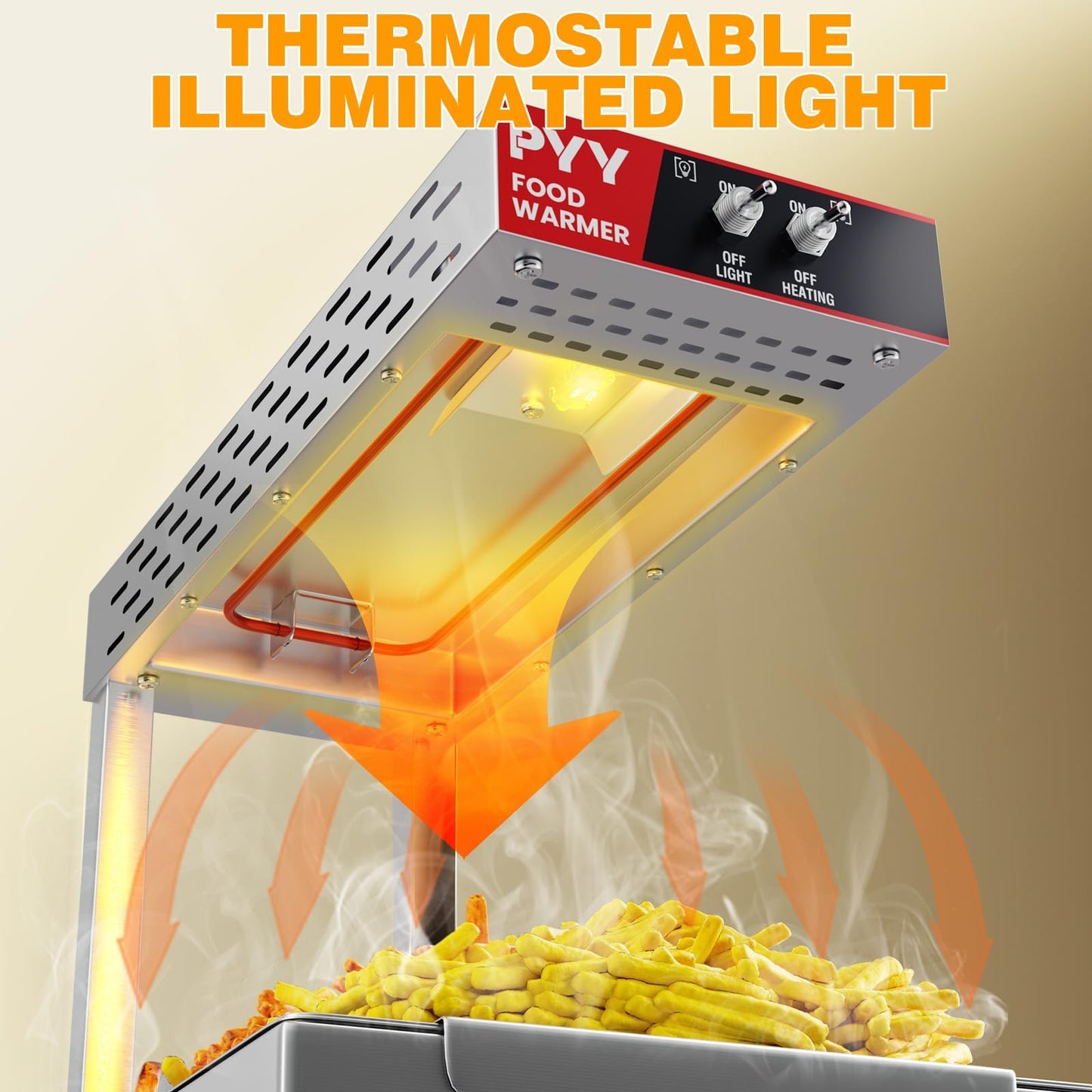 PYY Commercial French Fry Warmer - Food-Grade 304 Stainless Steel Countertop Free-Standing Heat Lamp, 450W with Removable Drip Pan, One-Button Operation for Chips Churros Fried Foods, Silver