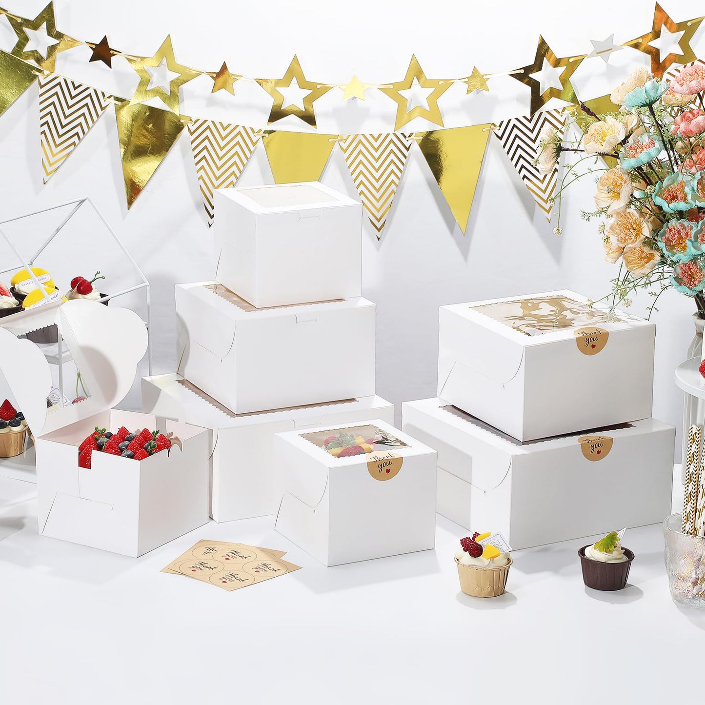 EQOREIIN 4pcs 6 Inch Cake Boxes with Sticks and Boards for Cookies, Small Cakes, Mini Desserts, Bento, and Bakery, Cupcake Box for Birthday, Party, Wedding, Mother's Day, Christmas（6x6x5 inch）
