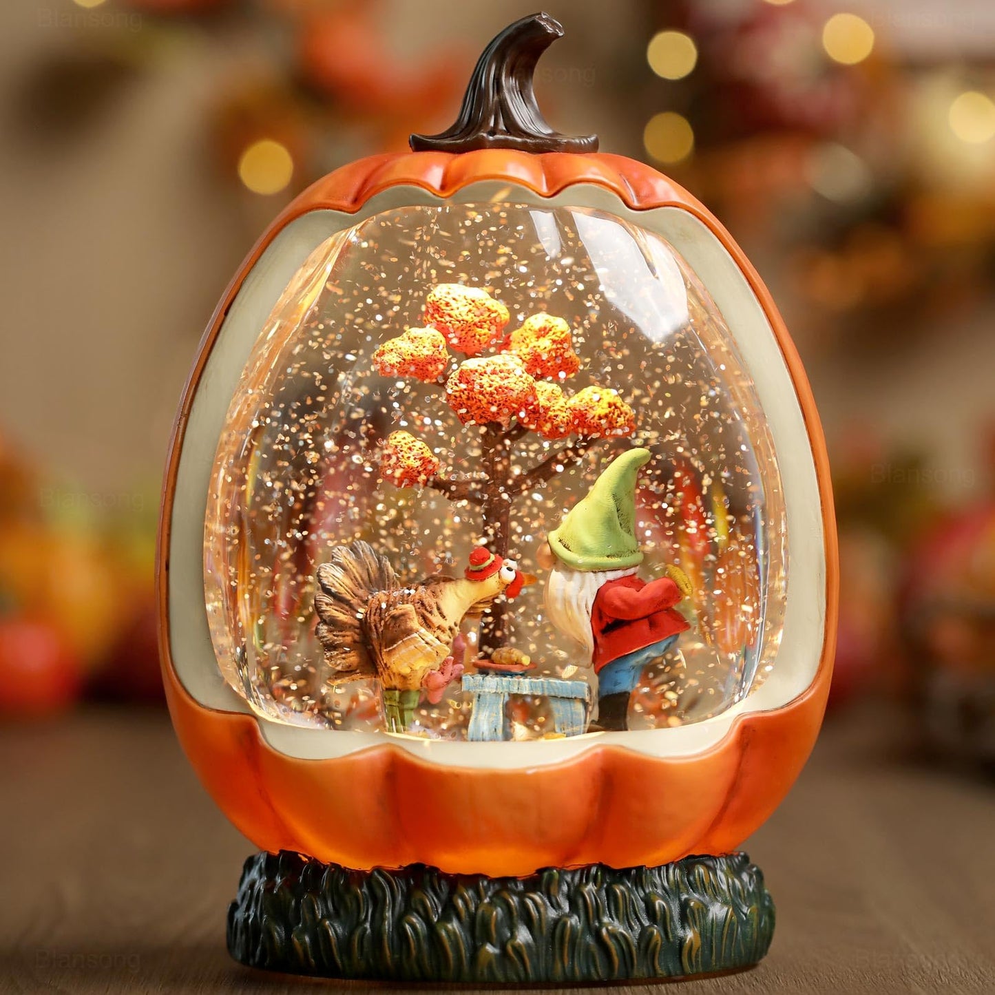 Blansong Fall Snow Globe Pumpkin Fall Decorations for Home Gnome Turkey Swirling Glitter Timer Thanksgiving Gift Autumn Harvest Fall Decor