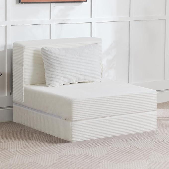 WUTUTUEE Folding Sofa Bed Convertible Floor Couch Foldable Chair Bed with Pillow，Linen Sleeper Chair Futon,Foldable Memory Foam Mattress for Bedroom/Living Room/Dorm/Office (Corduroy White, Single)