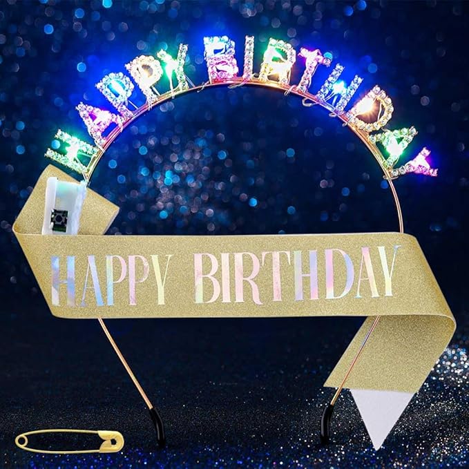 Uranian Light Up Birthday Headbands and Sash Led Rhinestone Crowns Birthday Hairbands Party Favor Hair Accessories for Women