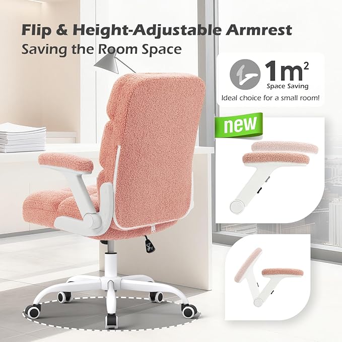SEATZONE Pink Office Chair Ergonomic Computer Desk Chair with Wheels,Faux Fur Comfy Office Chair for Women and Girls,Teddy Fleece Material