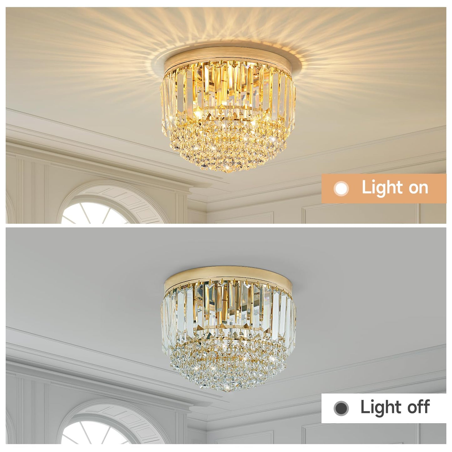 YMP&YZX Modern 3-Lights Crystal Chandelier French Gold,11.8" Semi Flush Mount Crystal Ceiling Light LED Round Chandelier Light E12 Base for Bedroom Living Room