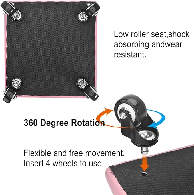 FLOLXNB Low Height Rolling Stool Low Roller Seat PU Leather Square Roller Seat Stool Low Rolling Chair for Home Office Fitness Garage (Pink)