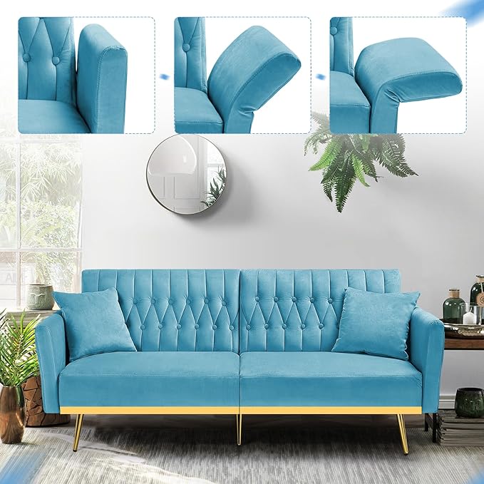 ACMEASE 70” Velvet Futon Sofa Bed with 2 Pillows and Adjustable Armrests, Convertible Sleeper Bed W/Adjustable Backrests, Modern Loveseat for Living Room, Bedroom, Baby Blue