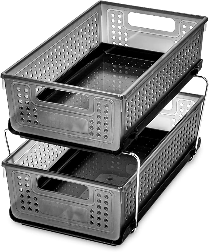 madesmart 2-Tier Organizer, Multi-Purpose Slide-Out Storage with Handles and Dividers for Home and Bath, Easy Assembly, BPA Free, Carbon