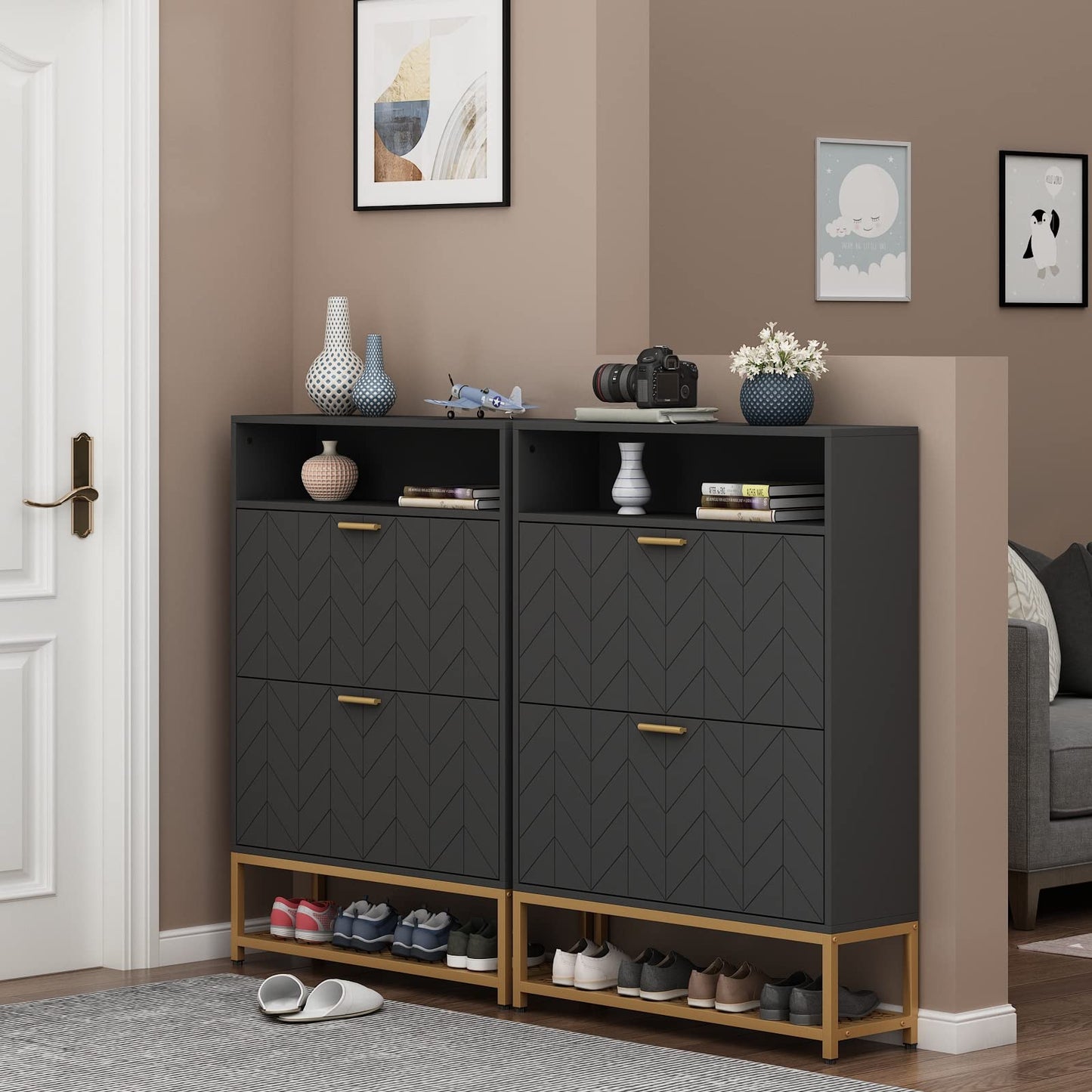 Loomie Free Standing Tipping Bucket Shoe Rack Organizer with 2 Flip Drawers, Narrow Entryway Shoe Storage with Shelf & Top Cubby, Modern Slim Hidden Cabinet with Doors (Black)