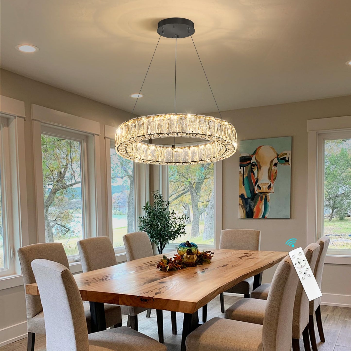 HAIXIANG Modern Crystal Chandelier Dimmable LED 16 Inch Ring Pendant Lights Adjustable Glam Chandeliers Lighting Fixtures for Dining Room Living Room Bedroom Black Light