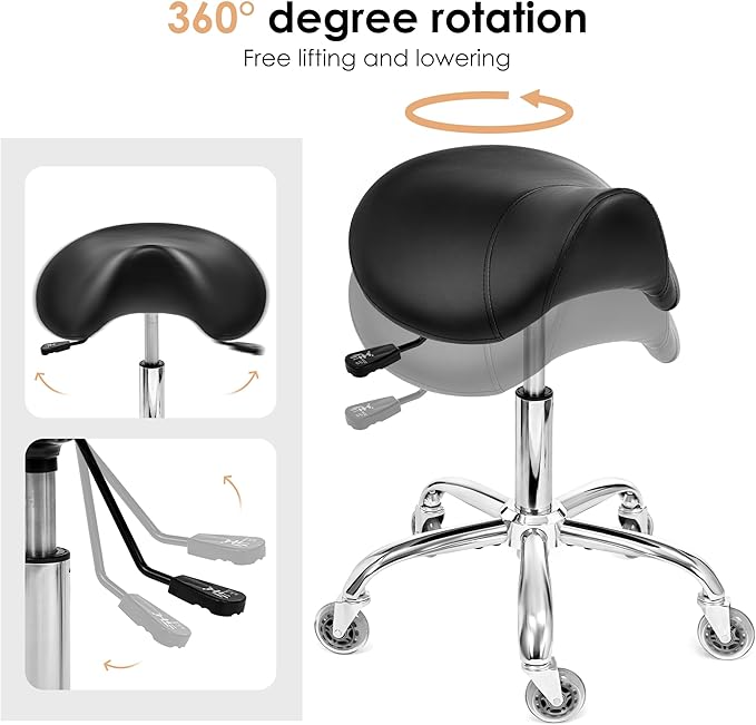 BEWISHOME Saddle Stool with Wheels, Swivel Adjustable Rolling Stool, 450lbs Heavy Duty PU Leather Wide Thick Seat Padding Ergonomic Chair for Beauty Salon Spa Clinic(Black) BMD01B