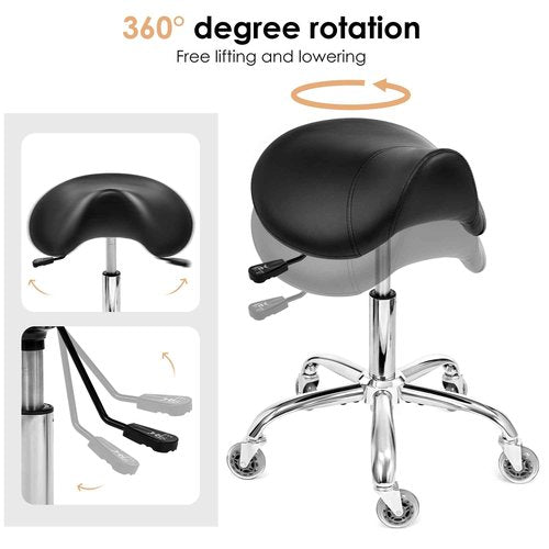 BEWISHOME Saddle Stool with Wheels, Swivel Adjustable Rolling Stool, 450lbs Heavy Duty PU Leather Wide Thick Seat Padding Ergonomic Chair for Beauty Salon Spa Clinic(Black) BMD01B