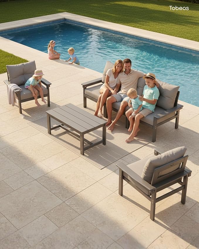 HDPE 7 Piece Patio Furniture Set, All-Weather Outdoor Couch Bistro Set with Hick Cushions & Coffee Table & Side Table, Patio Conversation Sets for Lawn, Garden, Porch, Balcony, Deck, Grey