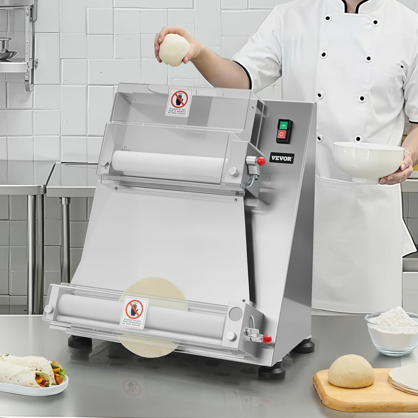 VEVOR Pizza Dough Roller Sheeter, 3-16 Inch Semi-automatic Stainless Steel Pizza Press, Commercial Electric 390W Pasta Maker Machine, 260 pcs Per Hour, Adjustable Thickness, with Dough Press Lid