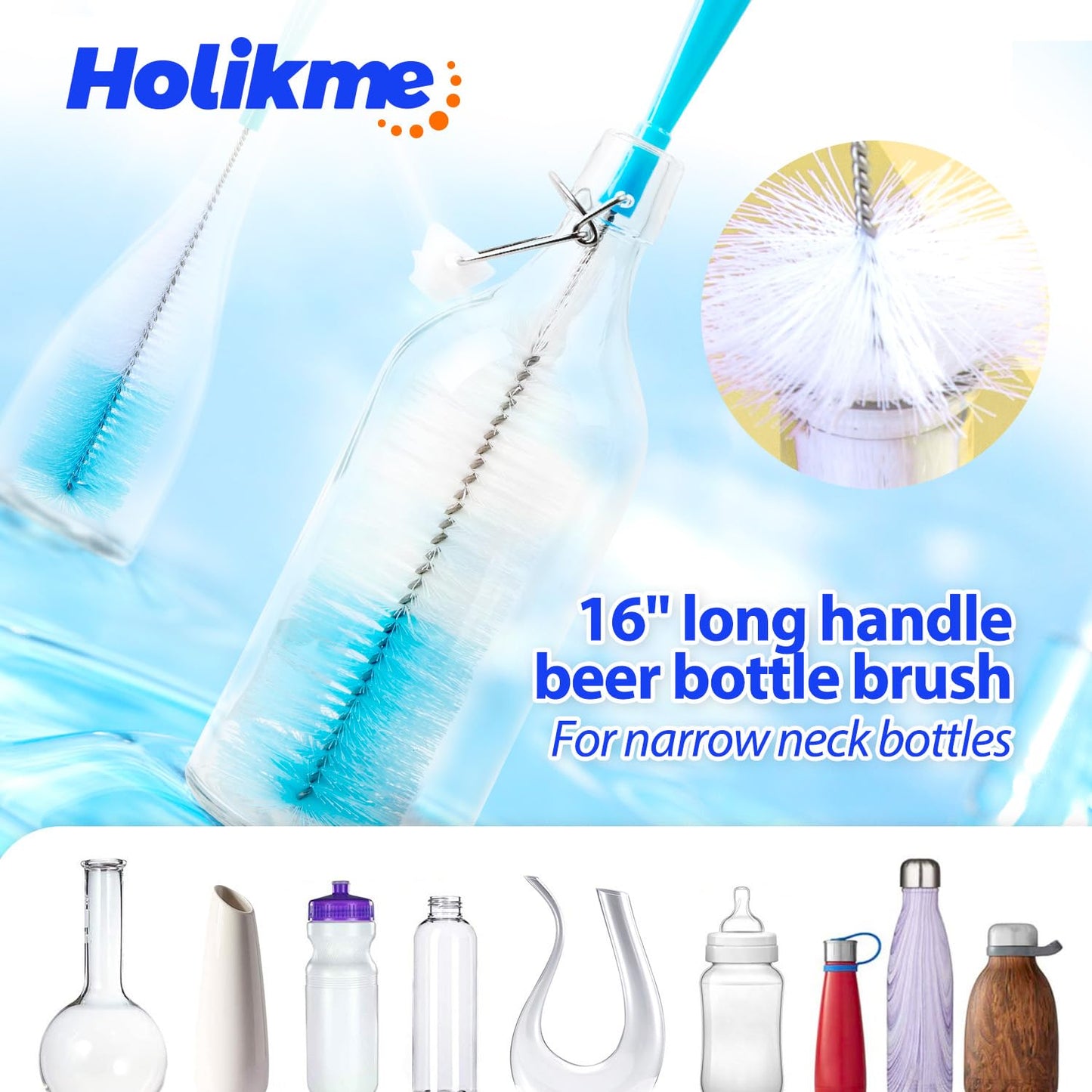 Holikme Bottle Brush Tube Cleaning Lab Set with Long Handle, Cup Cleaner for Washing Narrow Neck Beer Wine Decanter Pipes Lids Sinks Cap Covers, Azul