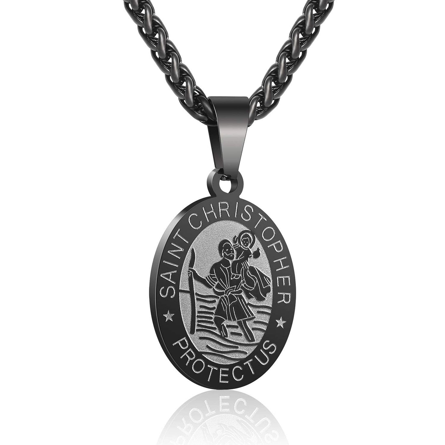Zocomi Black Saint St Christopher Medal Necklace for Men Boys, St. Patron Pendant Chain Jewelry Catholic Christian Religious Bap