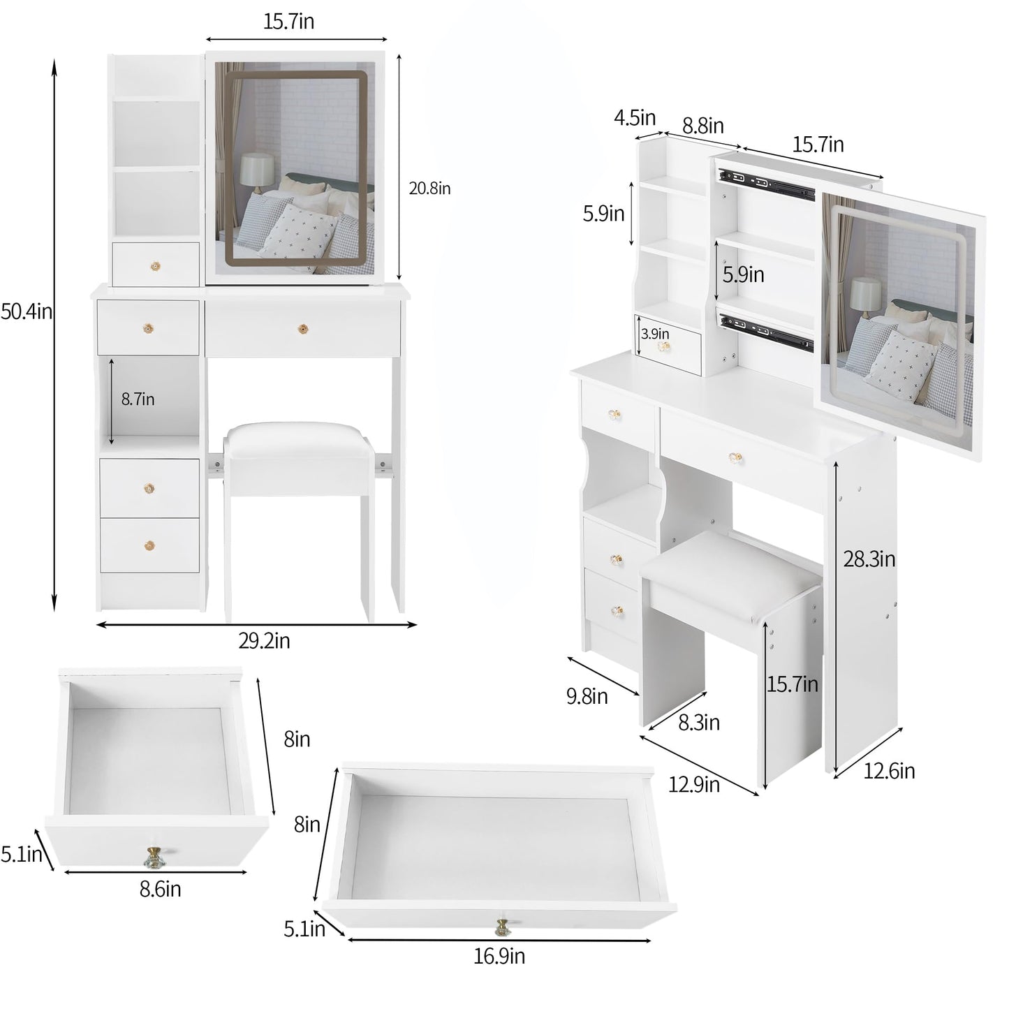 Zyerch Small Makeup Vanity Desk with Mirror and LED Lights, Small Vanity Desk with Storage Stool, 3-Mode Adjustable Lights, Compact Vanities with Storage Shelves Drawers，White