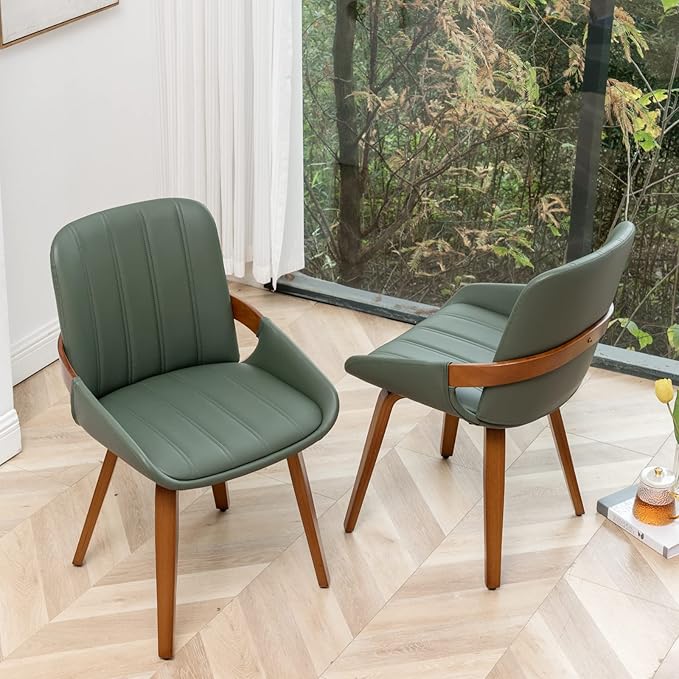 YOUUGIOR Mid Century Modern Faux Leather Upholstered Dining Chairs,Armless Accent Chairs with Sturdy Natural Wood Legs,Bamboo Backrest Support for Kitchen&Dining Room Chairs(Set of 4,Green)