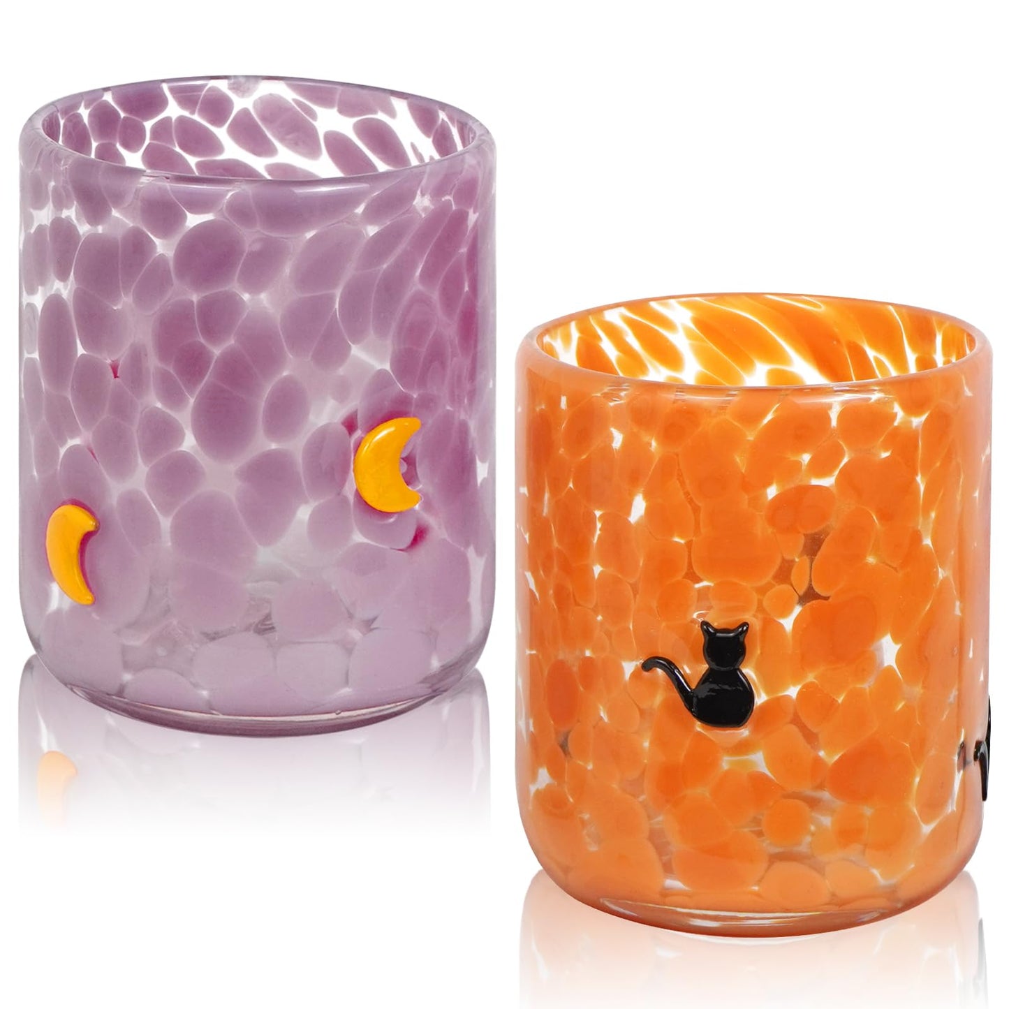 PRERUICHI 2 Pcs Halloween Icon Juice Glasses, 14oz Icon Stemless Drinking Glasses Set, Ideal for Gift & Halloween Party Drinkware (Cat & Moon)