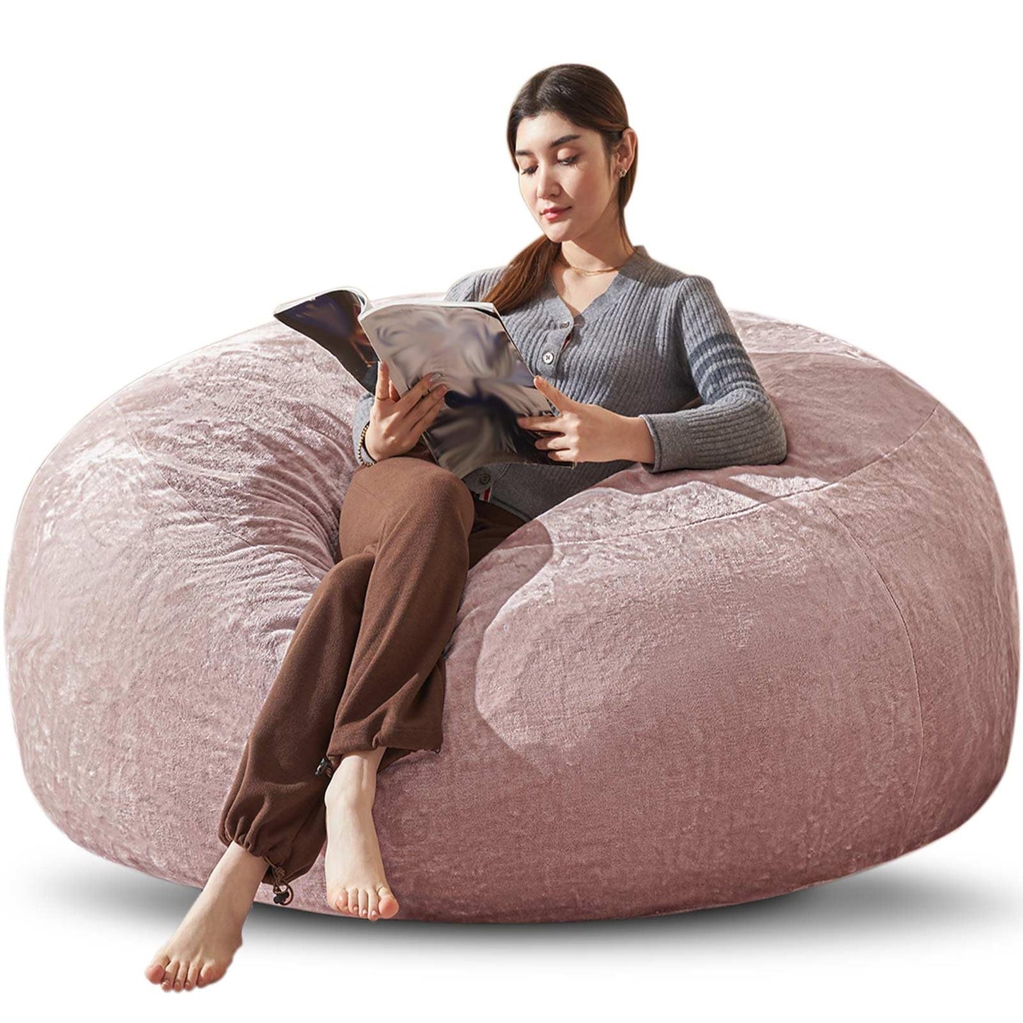 Bean Bag Chair 5Ft, Memory Foam Filled, Large Beanbag Chairs for Adults and Teens, Soft Sofa with Removable Flannel Cover, Round Couch for Living Room Bedroom College Dorm (Pink, 5FT-60×60"×24")