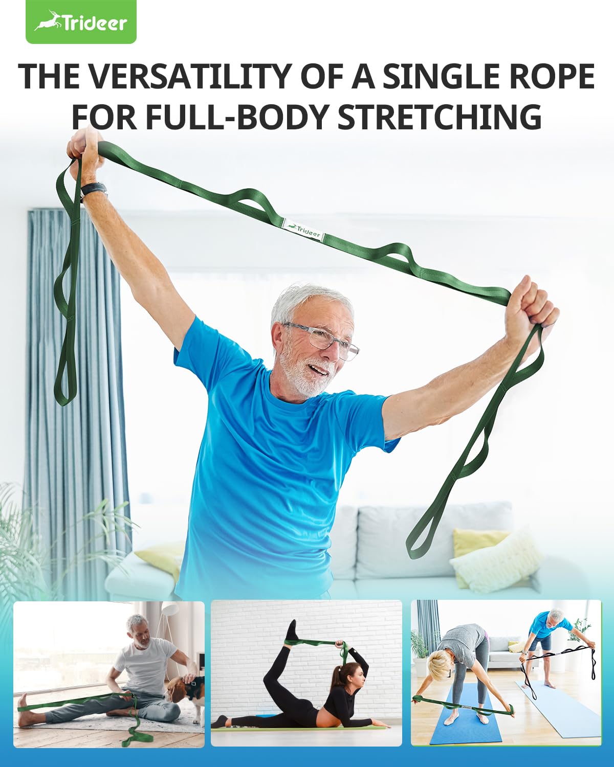 Trideer Stretching Strap Yoga Strap Physical Therapy for Home Workout, Exercise, Pilates and Gymnastics, 10 Loops Non-Elastic Stretch Bands with Aesthetic Packaging for Women & Men (Green)
