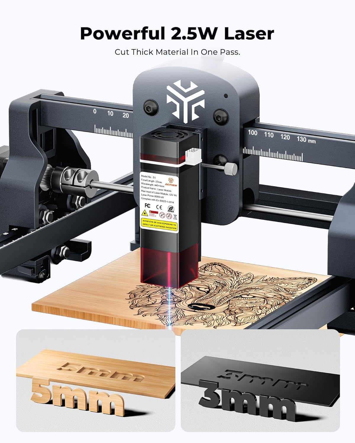 ACMER S1 Laser Engraver 2500mW, Compact Desktop Engraving & Cutting Machine for DIY Crafts, Small Business & Makers, 130×130mm Work Area, 0.04mm Detail Engraving for Wood, Acrylic