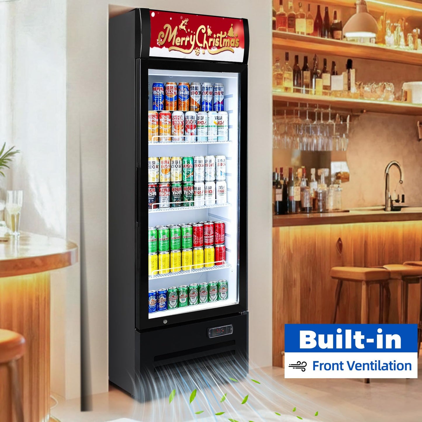 Bluelinecool Commercial Refrigerators 9 Cu.Ft Upright Merchandiser Drink Cooler – Glass Door Beverage Fridge with LED Light, Adjustable Shelves, Lock Wheels – Display Refrigerator for Beer, Bar, Shop
