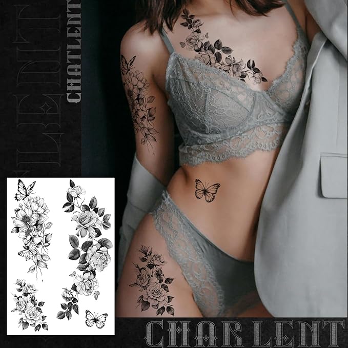 CHARLNET Large Flower Temporary Tattoos for Women - 28 Pcs Sexy Black Flower Rose Fake Tattoos for Women Body Art Arm Chest Legs Shoulder Abdomen