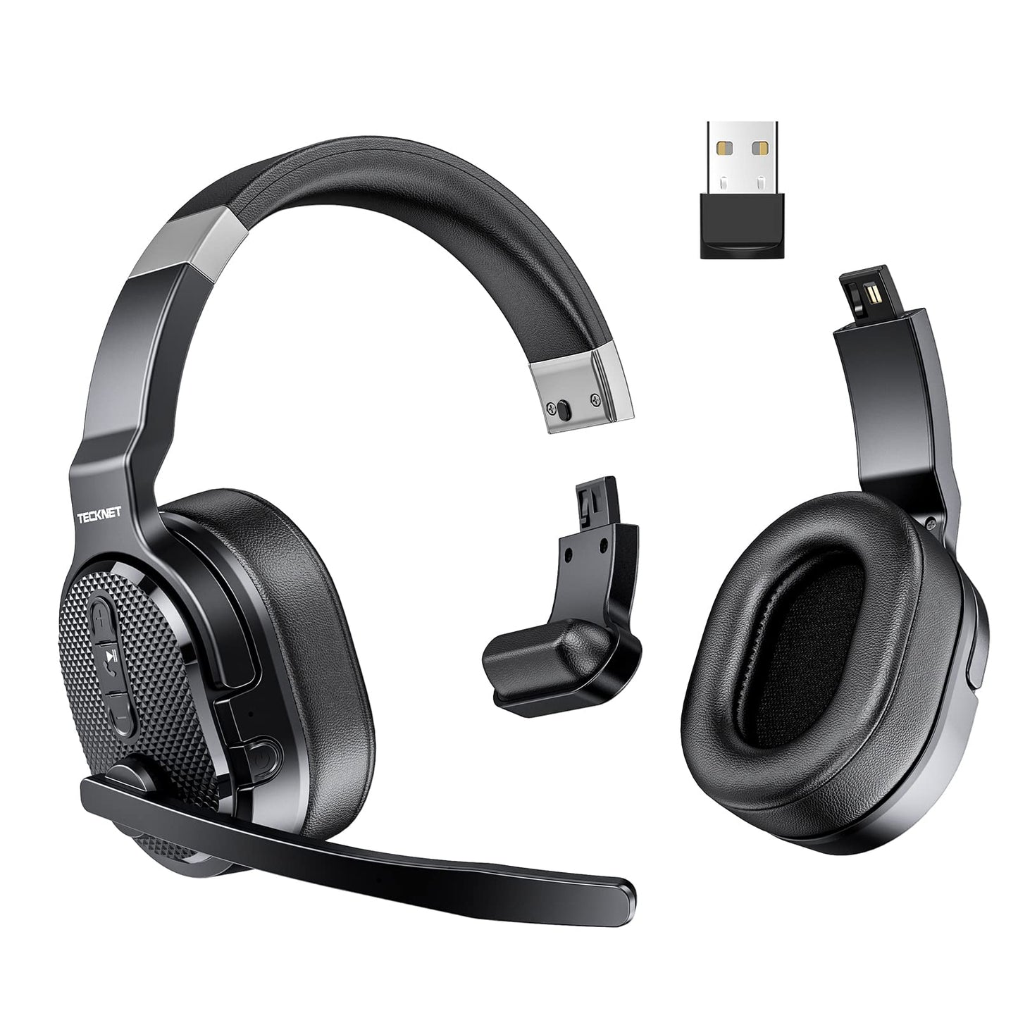 TECKNET Bluetooth Trucker Headset, Single and Dual Ear Wireless Headset with Mic for Work Noise Cancelling, 50Hrs 3 EQ Music Modes Trucker Bluetooth Headphones for PC, Drivers, Office, Call Center
