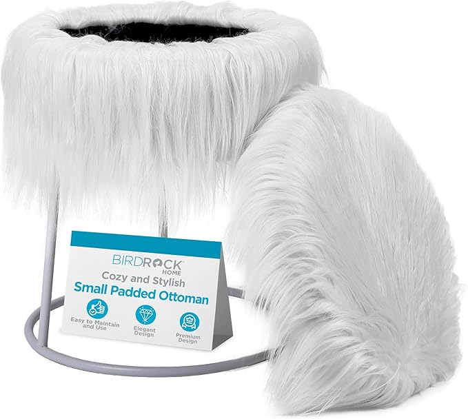 BIRDROCK HOME Round Faux Fur Foot Stool - Small Padded Ottoman w/Soft Cushion for Living Room, Bedroom, or Makeup Room - Modern Upholstered Accent Chair, Vanity Seat, Footrest for Couch/Sofa - White
