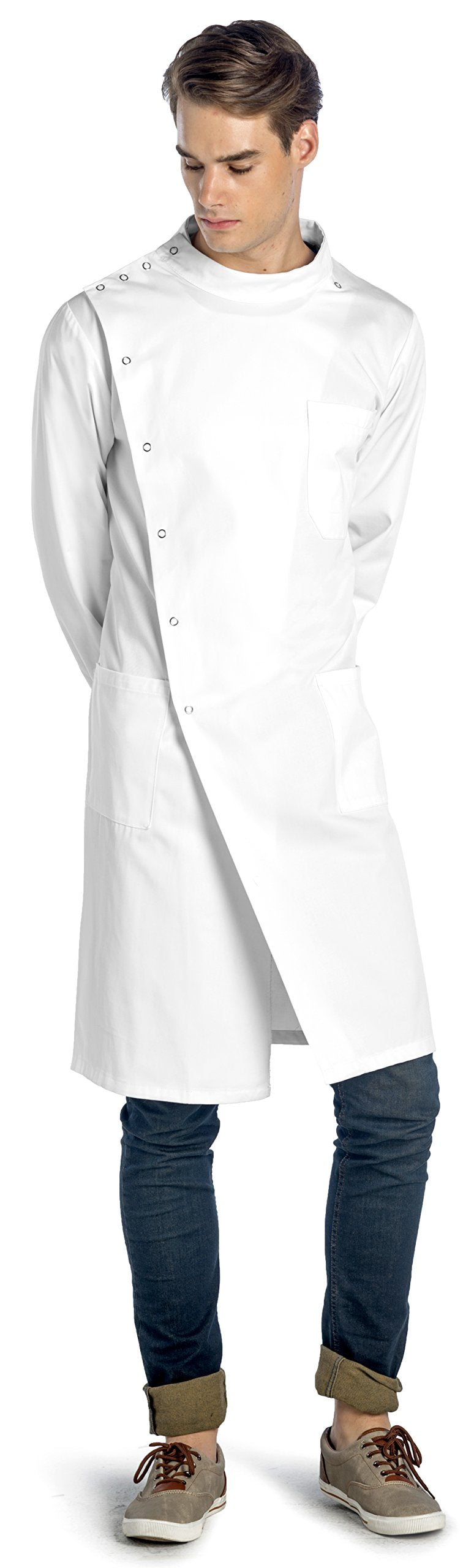Dr. James Premium Howie Style Unisex Lab Coat for Men & Women, Cuffed Sleeves, Classic Fit, Snap Closing, 43" Length (2XS (Men 2XS / Women XS))