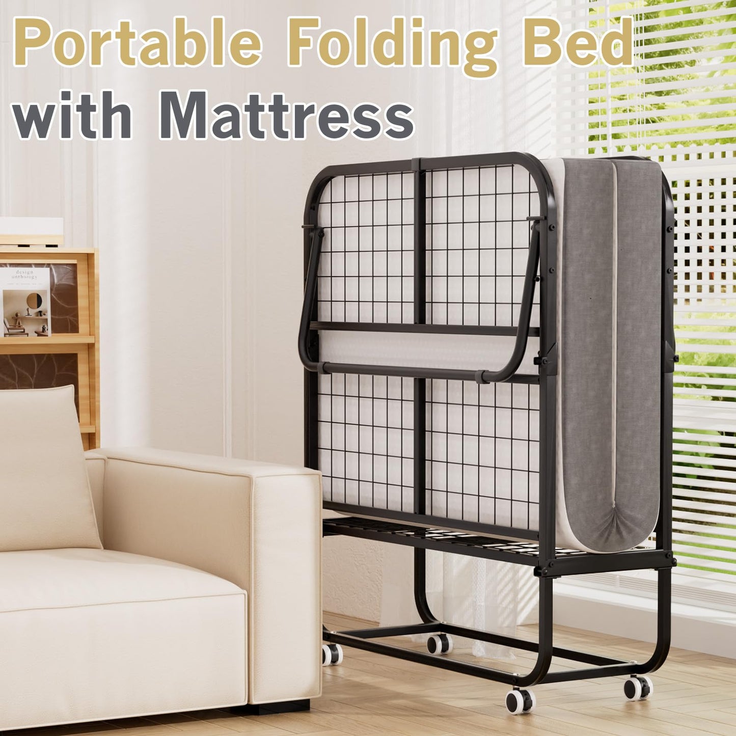 Pelnuies Nuvatheon Folding Bed with Mattress for Adults, Foldable Bed Frame, Portable Rollaway Bed with 5-inch Memory Foam Mattress & Sturdy Metal Frame, Space-Saving Easy Storage,75"x 31"