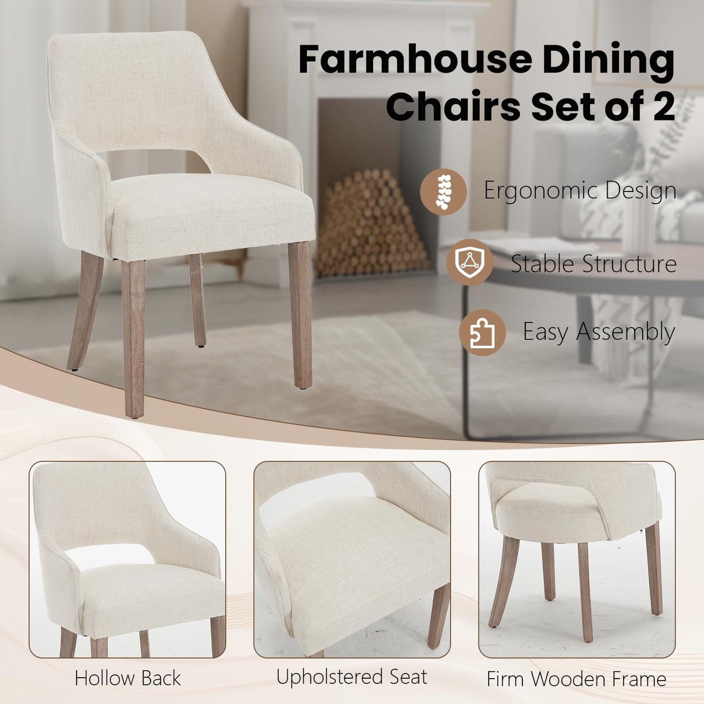 Kmax Linen Fabric Dining Chairs Set of 4 Upholstered Side Chairs Farmhouse Accent Chairs with Open Back Wood Legs for Dining Room Guest Room Restaurant, Cream(Wider Seats)