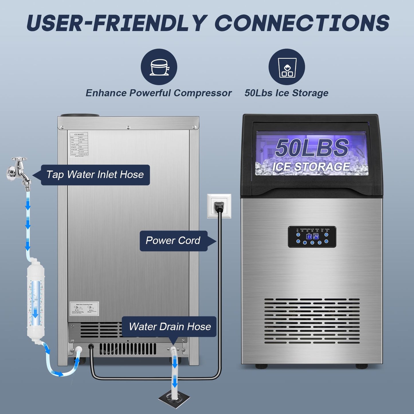 Commercial Ice Maker Machine 150LBS/24H, 45LBS Storage Bin, 55 Ice Cubes Ready in 8 Mins, Freestanding Ice Machine with Tap Water Inlet, Auto Cleaning, for Home Bar Office Restaurant