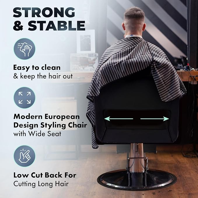 Buy-Rite Rosa Styling Chair for Professional Salons & Barbers - Black Crocodile Vinyl, 23" Chrome Base, Hydraulic Pump, Seamless Design, T-Bar Footrest, Wide Seat with Low-Cut Back, YLG-ROSASTYL-BLK