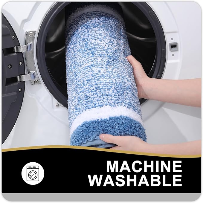 OLANLY Toilet Rugs U-Shaped 24x20, Extra Soft and Absorbent Microfiber Bathroom Rugs, Non-Slip, Machine Wash Dry, Plush Shaggy Contour Bath Mats for Toilet Base (Blue and White)