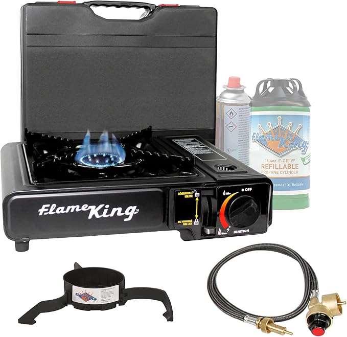 Flame King Dual Fuel Butane & Propane Gas Camping Stove with Single Burner, Portable and Great for Outdoor Cooking, Backpa...