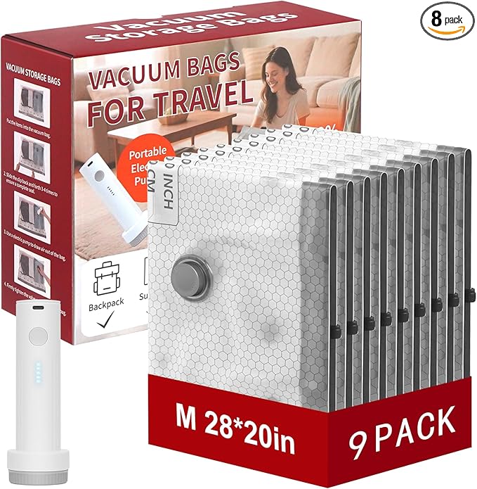 Rechargeable Wireless Pump Travel Storage Bags Set, 9 Pack (9M) Portable Space Saver Bags for Travel & Home, Vacuum Compression Packing Seal for Clothes, Blankets, Home Seasonal Storage