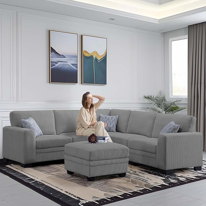 Legend Vansen Oversized Modular Sectional Sofa,6 Seat U Shaped Couch with Ottoman,Corduroy Sofa with Deep Seat,Convertible Large Sectional Couches for Living Room (Grey, L-6)