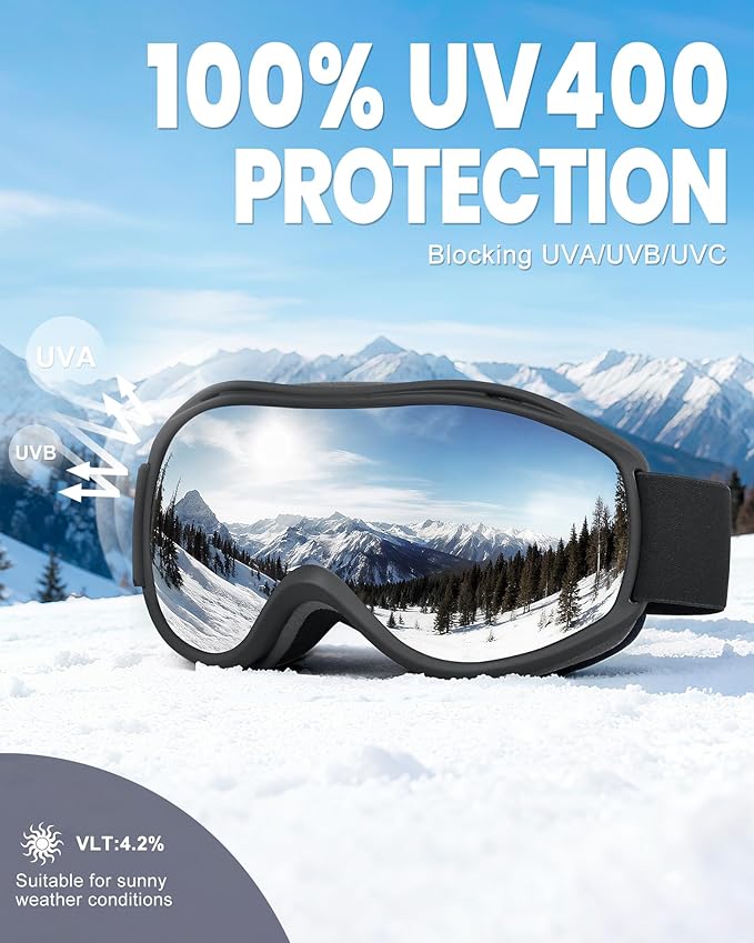 AVV Ski Goggles UV Protection, Anti-Fog Snowboard Snow Goggles OTG for Men Women Adults & Youths
