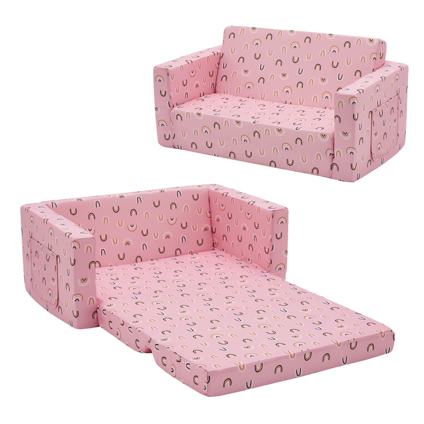 Ulax furniture Kids Sofa Chair Children FILP-Out Chair 2-in-1 Convertible Sofa to Sleeper Couch (Pink Rainbow)