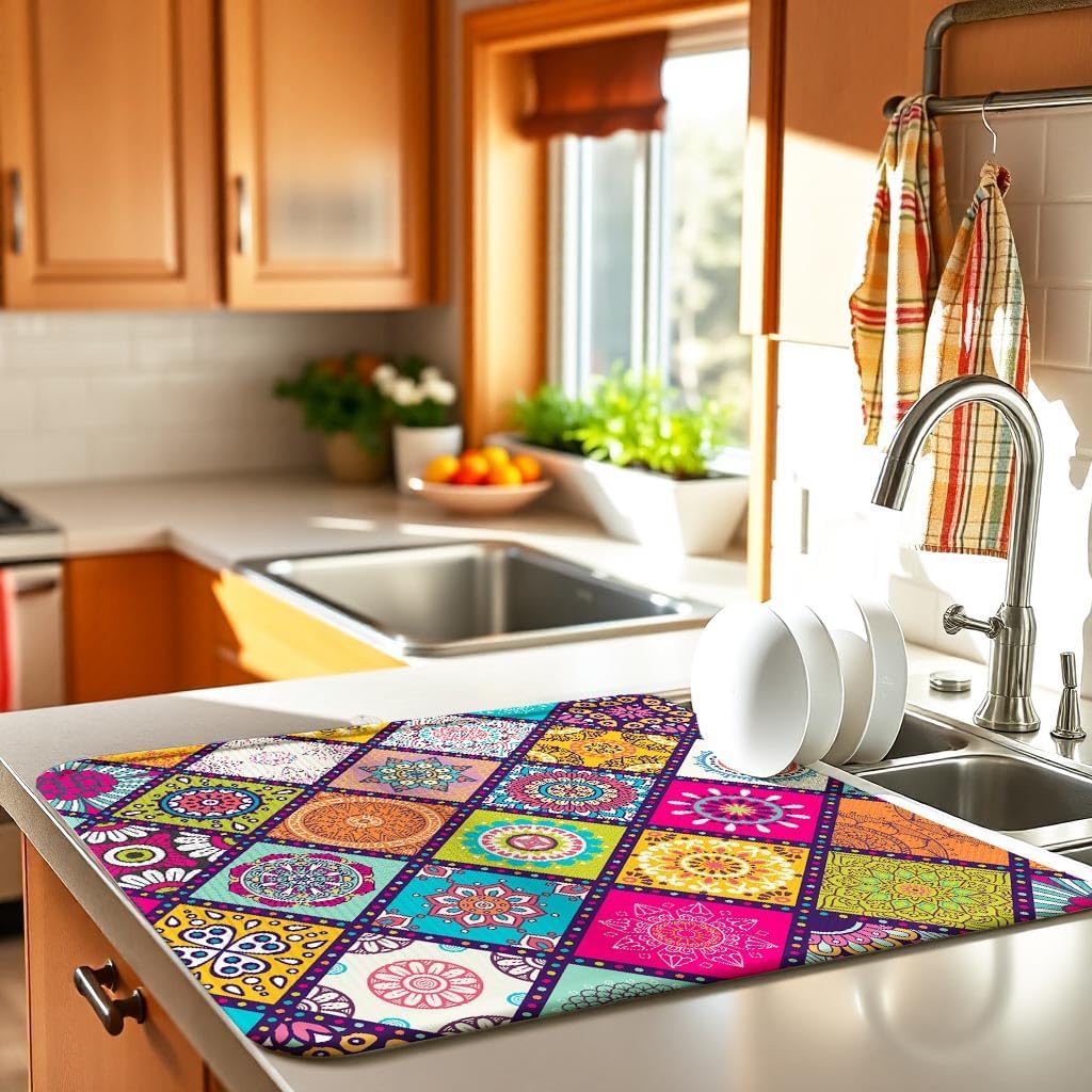 Boho Drying Mat 16" X 18" Abstract Plaid Kitchen Counter Stone Large Dish Drying Mats For Kitchen Colorful Drying Mats For Home Counter Flower Drying Mats For Dishes Dish Table Mat Drying Kitchen Mat