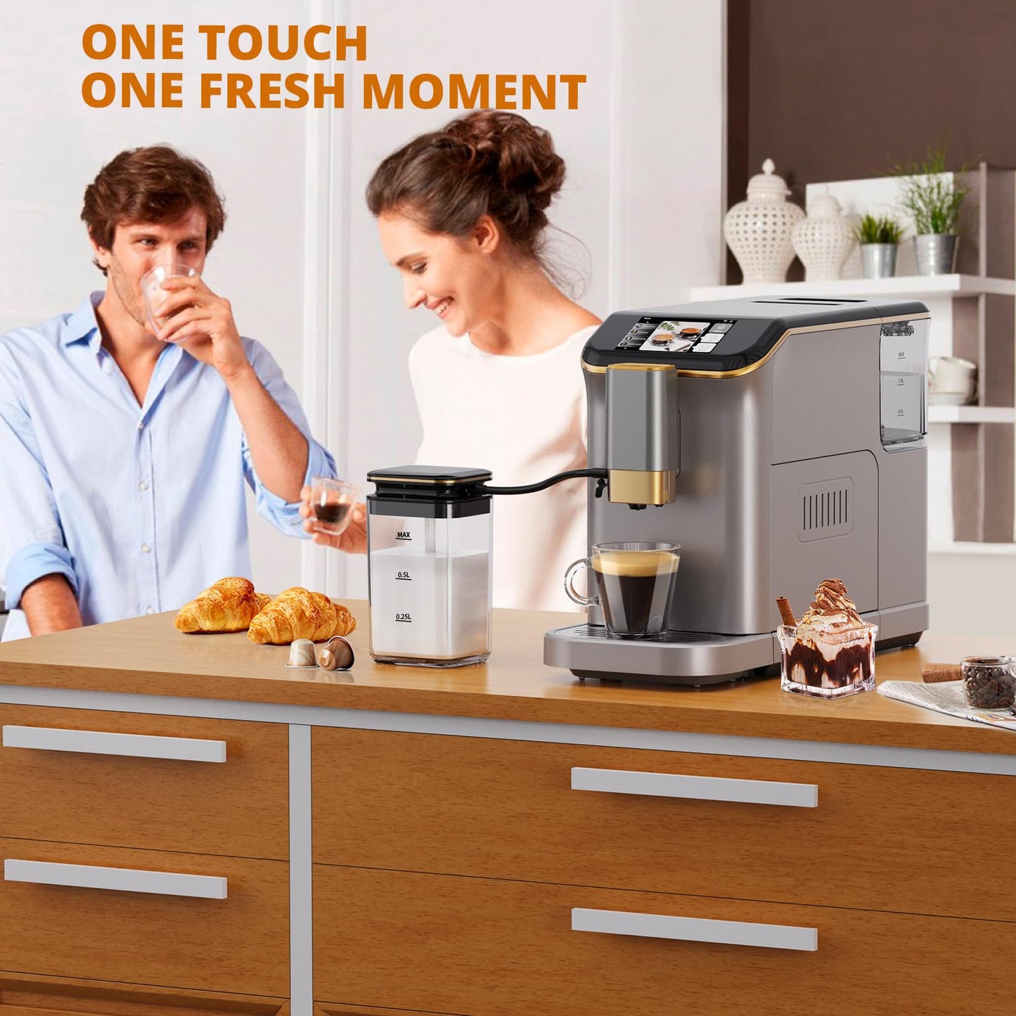 Garveehome Fully Automatic Espresso Coffee Machine with Milk Frother, 20 Bar Pressure, 15 Adjustable Grind Levels, 8 in-1 Coffee Maker with TFT Touchscreen, Removable Water Tank Cappuccino Latte Maker