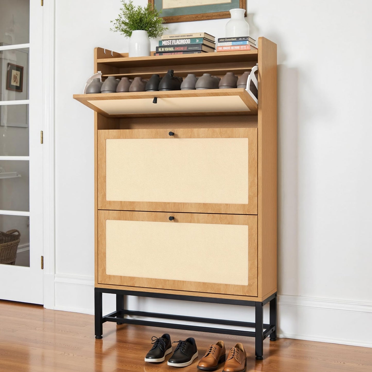 Aivermeil Slim Entryway Shoe Storage Cabinet with 2 Flip Drawers, Modern Freestanding Shoes Organizer Holds 16-20 Pairs, Closed Shoe Storage for Hallway, Foyer - Space-Saving Wood Shoe Rack