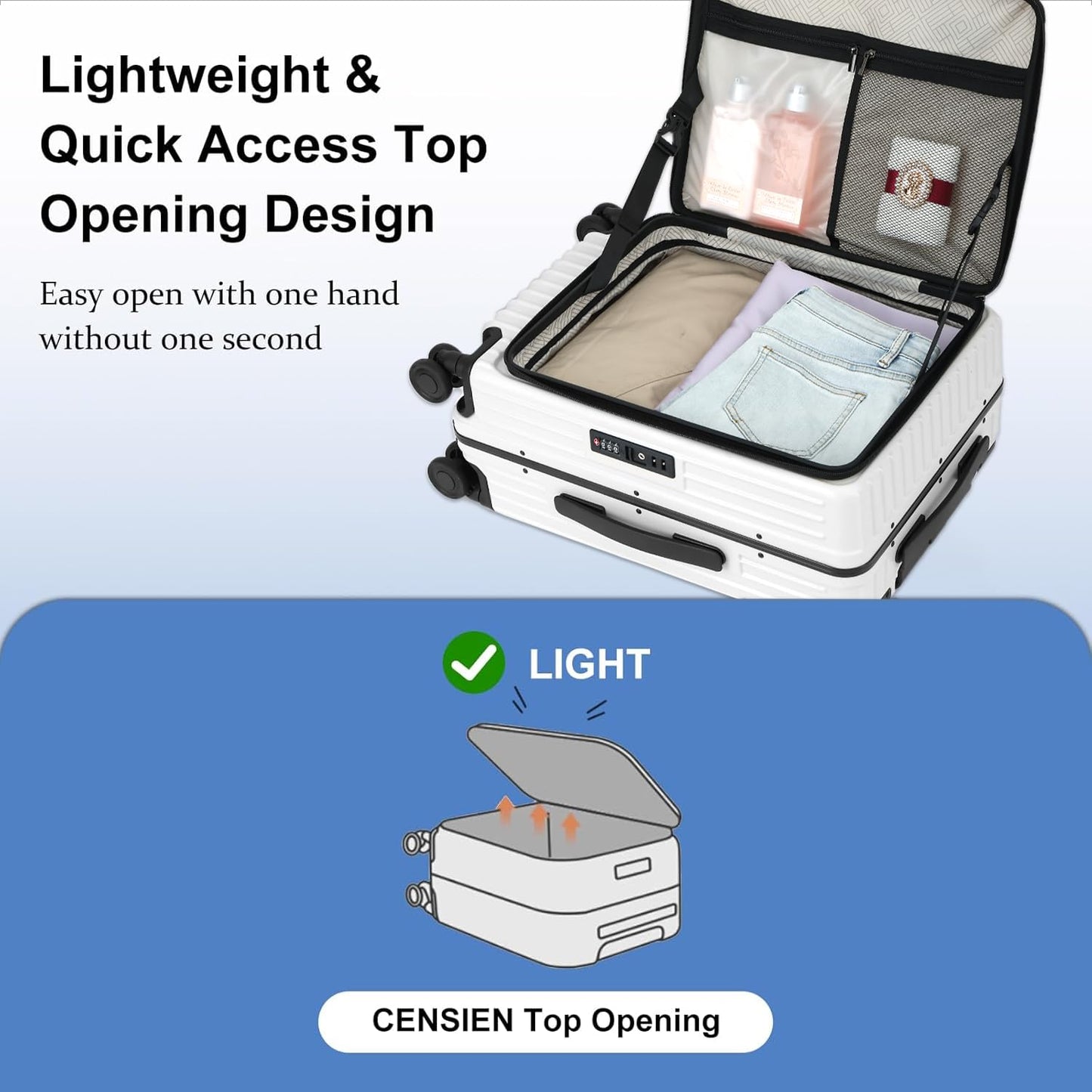 CENSIEN 20 Inch Carry On Luggage with Spinner Wheels, Top Opening Lightweight ABS+PC Hard Shell Suitcases with Aluminum Frame, YKK Zipper, TSA Lock (White, 1 PC)