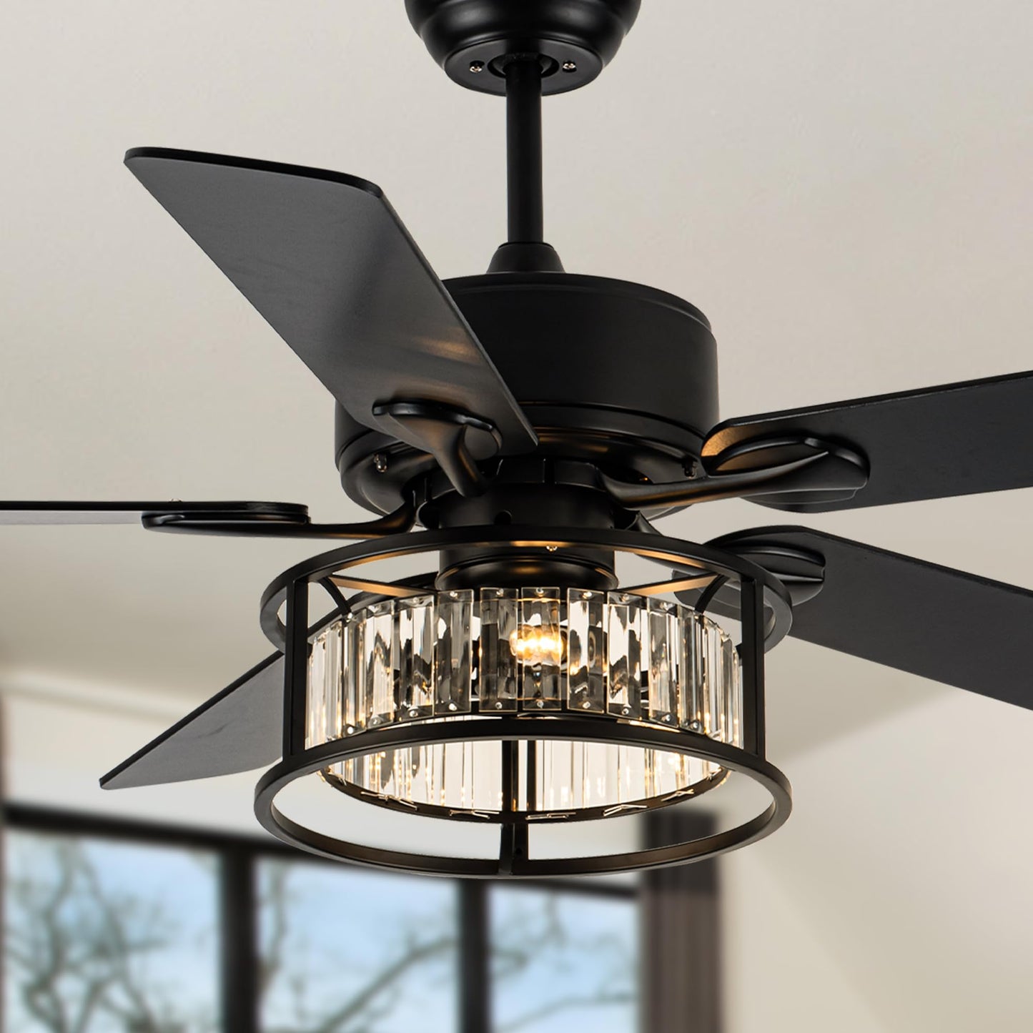 Dawn Whisper 52 Inch Chandelier Ceiling Fans with Lights and Remote Quiet and Reversible DC Motor Black Caged Modern Ceiling Fan for Bedroom Living Room