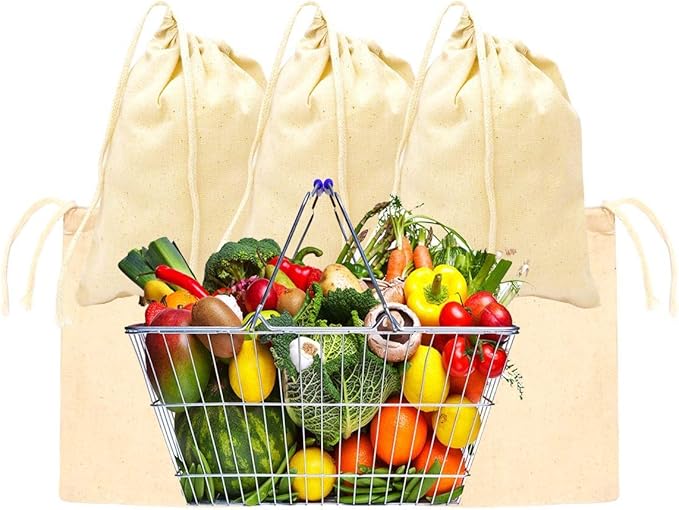 3x5 Inches Natural Cotton Reusable Produce Muslin Bags – Multipurpose Drawstring Storage Pouch for Everyday Use (25)
