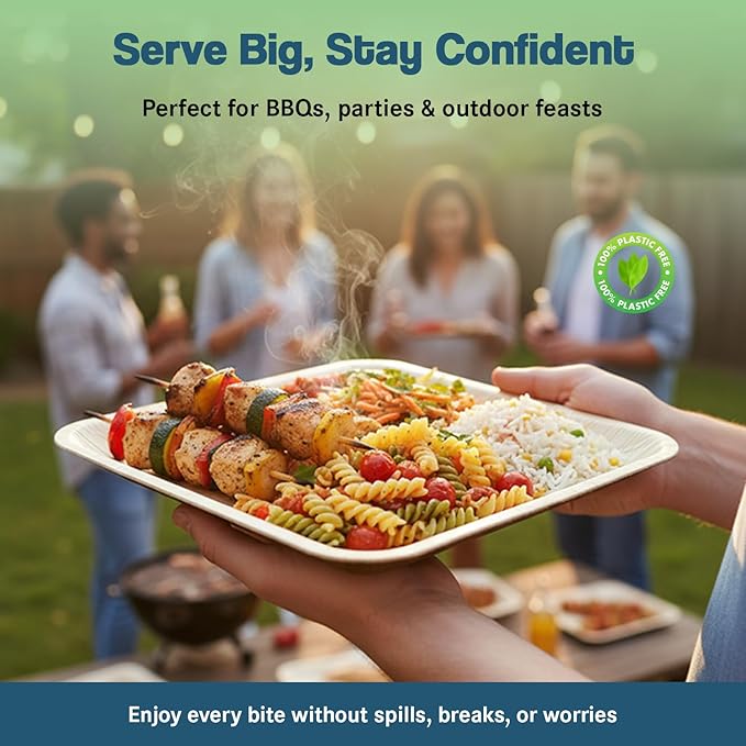 Biodegradable Disposable Party kit including 10" Plates, 7" Plates, Wooden Cutlery - Forks, Spoons, Knives & Napkins (For 50 Person Party - includes 350 total items)