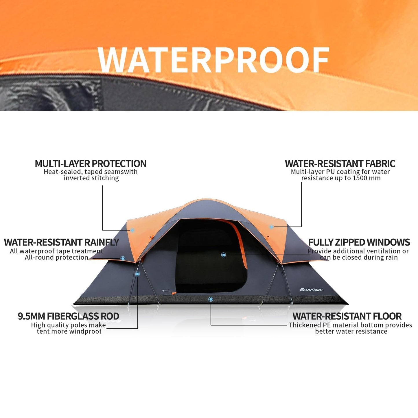 EchoSmile 10-12 Person Large Family Camping Tent, Waterproof Windproof Spacious Cabin Tent with Removable Rainfly, Easy Setup 3-Season Outdoor Shelter for Group Trips - Black & Orange